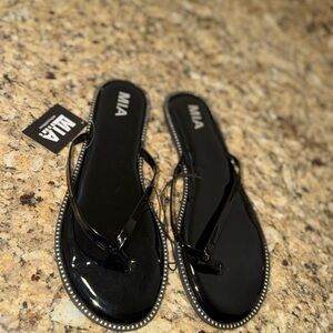 MIA Black Glossy Sandals with Rhinestone Trim